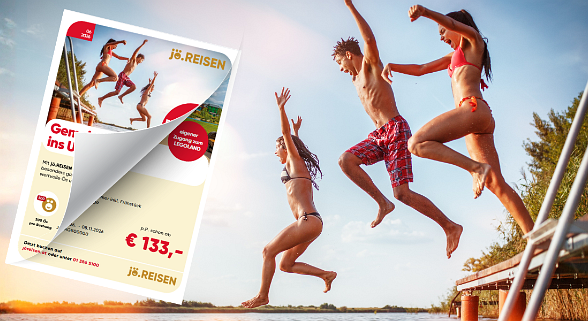 Drei junge Leute springen von Steg in einen See. Daneben das Cover vom digitalen Flugblatt Juni