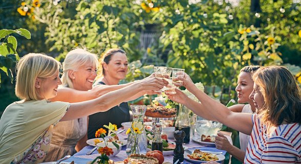 Freunde bei Gartenparty stoßen an