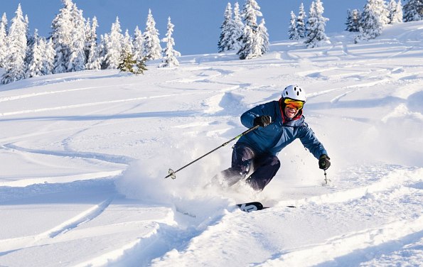 Skifahrer in Tiefschnee. Im Hintergrund schneebedeckte Bäume